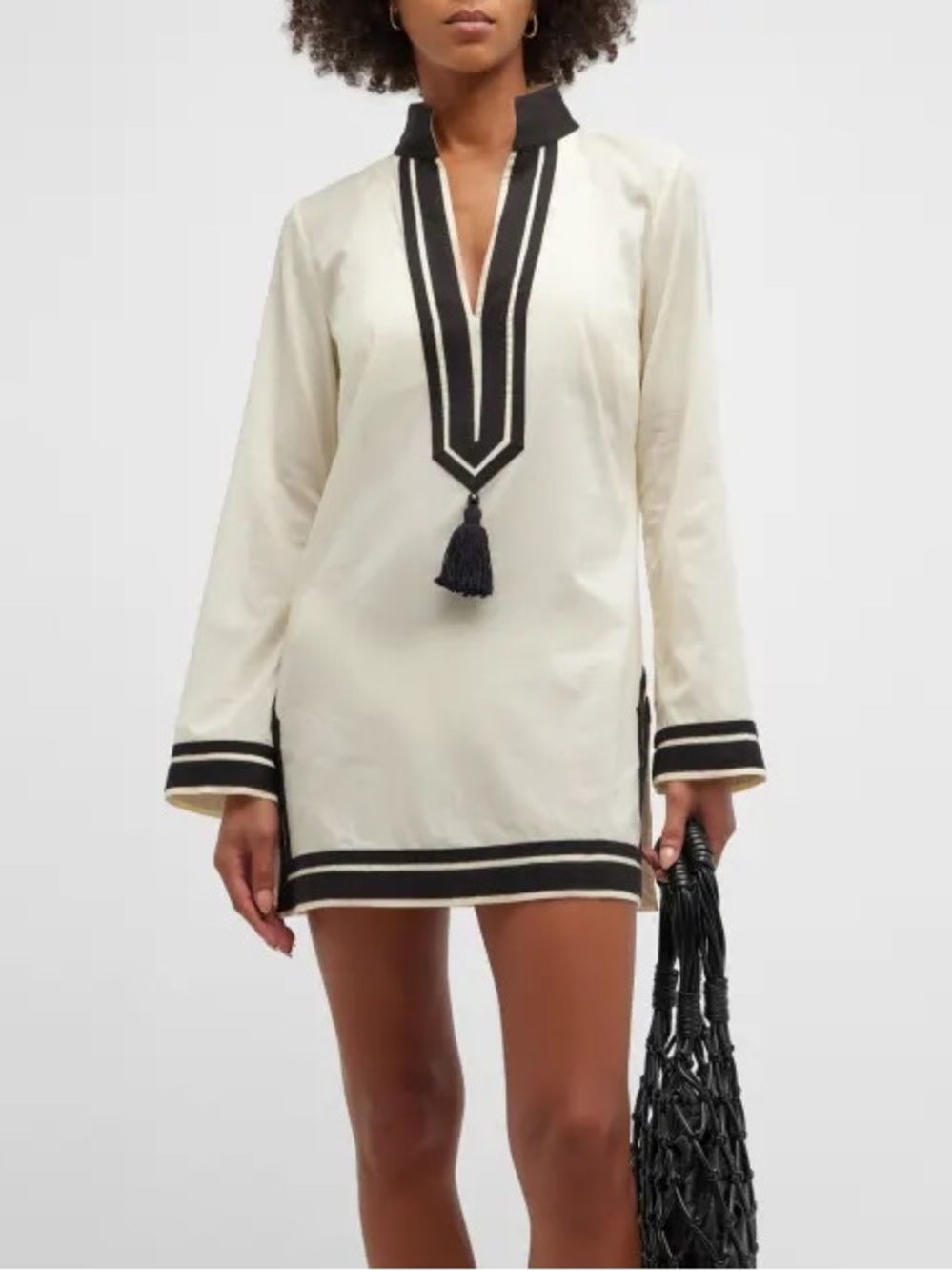 Tory Burch Cream Mini Cotton Tunic Dress with Black Trim